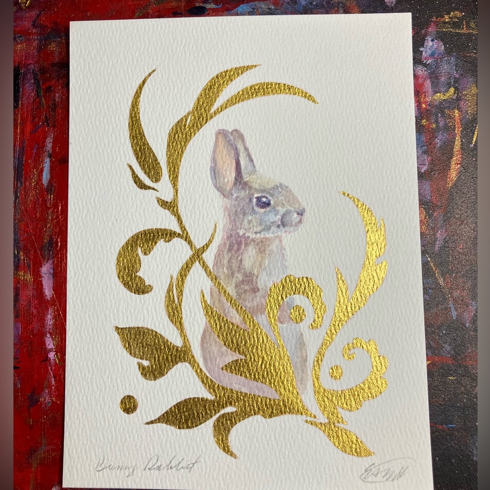 Rabbit Original Watercolor painting Art Bunny Gold accents Floral Artettina USA